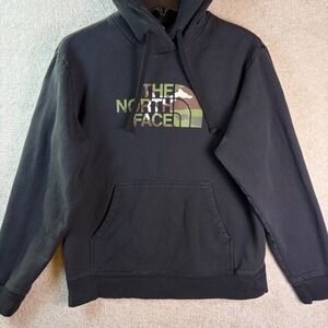 The North Face Black Camo Logo Hoodie Sweatshirt Men's Medium Pullover *FLAWS
